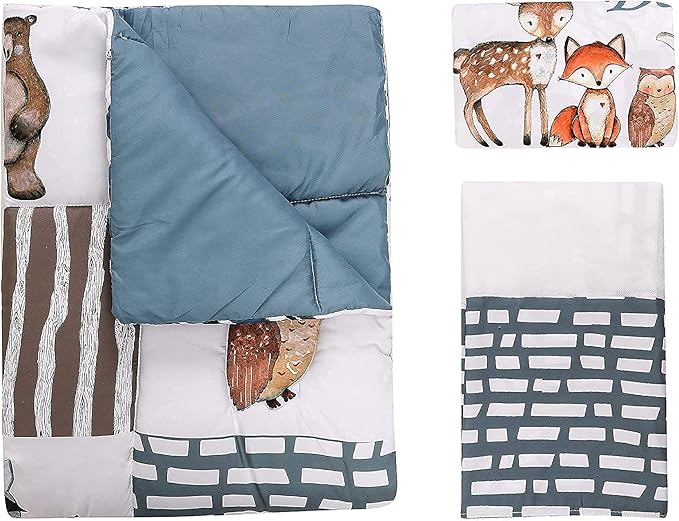 PINNKKU 3-Piece Crib Bedding Set for Boys, Includes Crib Skirt, Blanket, Sheet, Woodland Animals, Standard Size