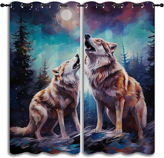 Wildlife Blackout Curtains for Boys Girl Bedroom Decor,Fantasy Starry Full Moon Wolf Howling Thermal Insulated Grommet Drapes Darkening Window Curtain for Living Room Home 55x63 inch