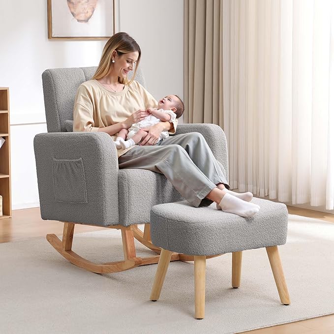 Rocking Chair with Ottoman, Upholstered Nursing Glider Rocker with High Backrest and Side Pocket, Comfy Reading Chair with Solid Wood Legs for Nursery/Living Room/Bedroom Light Grey