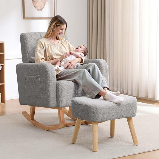 Rocking Chair with Ottoman, Upholstered Nursing Glider Rocker with High Backrest and Side Pocket, Comfy Reading Chair with Solid Wood Legs for Nursery/Living Room/Bedroom Light Grey