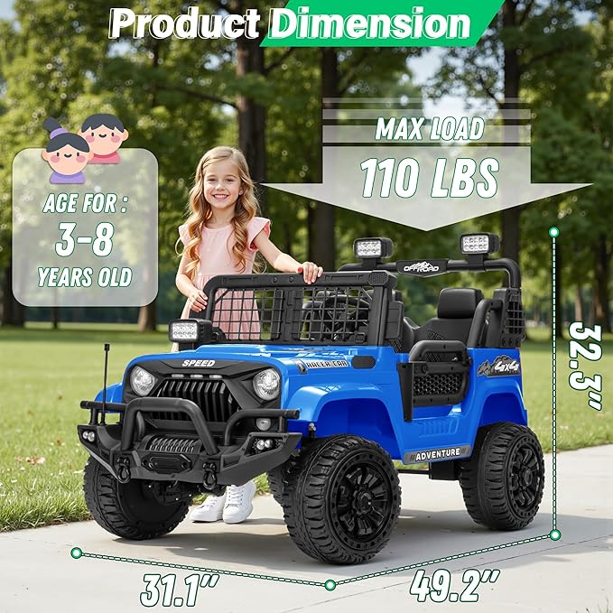 2 Seater Ride On Car Truck with Remote Control XL, Kids 24V Battery Powered Electric Vihicle w/21 in Seat, 3 Speeds, 2WD/4WD Switichable, Shock Absorbers,Bluetooth, Flower, Gift Choice