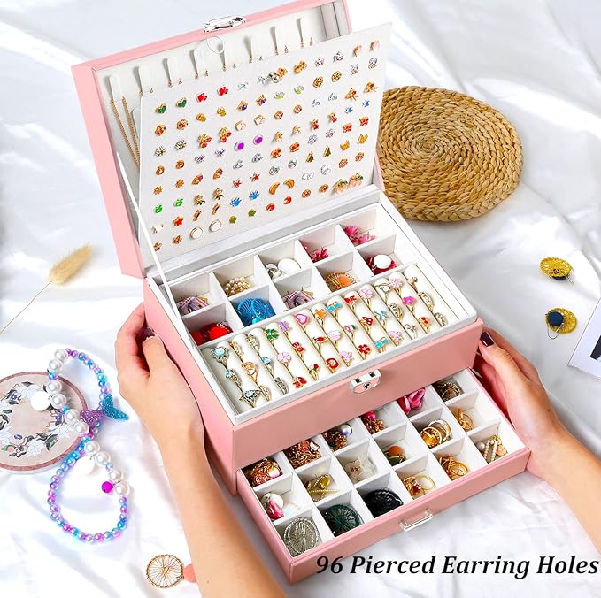 Earrings Jewelry Box for Girls, 5 Layers Jewelry Organizer with Earring Holder Organizer for Girls Earring Organizer Jewelry Boxes for Women Earrings and Necklaces Jewelry Box Organizer Pink