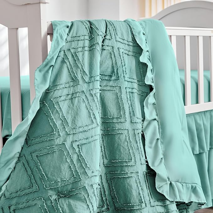 Tufted Ruffle Crib Bedding Set 3 Pieces Baby Girls Boys Boho Quilted Comforter with Fitted Sheet and Bed Skirt - Cute Ruffled Shabby Chic Baby Bedding Soft Blanket Design Teal Blue
