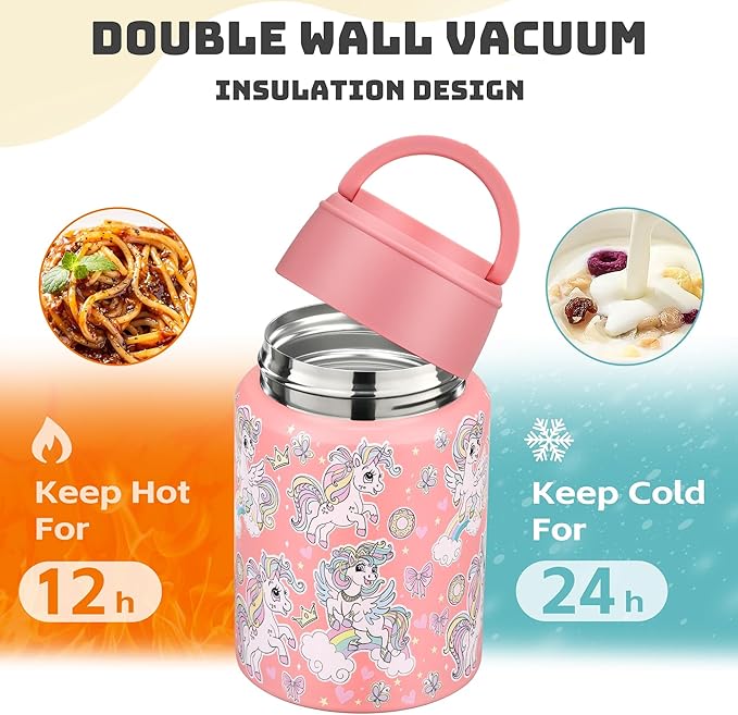 Soup Thermo for Hot Food Kids 16oz Insulated Food Jar Leakproof Thermo Lunch Container for Kids Wide-Mouth Stainless Steel Lunch Box for School with Handle Folding Spoon(3+)