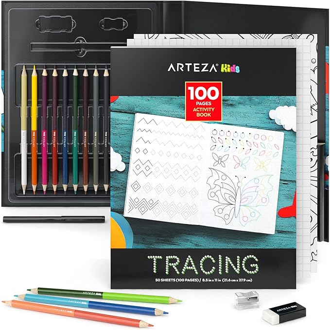 ARTEZA Kids Tracing Activity Book – 50 Double-Sided Sheets, Colored Pencils, Marker, Eraser & Sharpener – Art Kit for Ages 6 and Up
