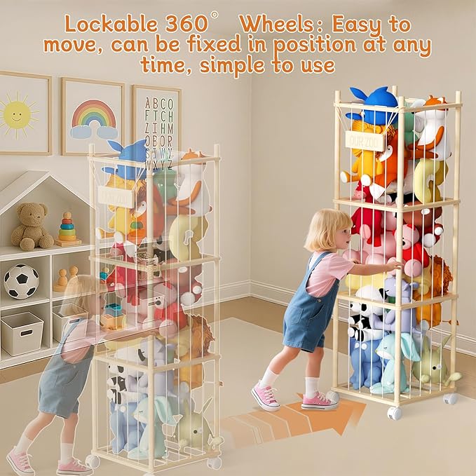 Stuffed Animal Toy Storage, 53 Inch Tall Wooden Toy Storage Rack Space-Saving Plushie Toy Organizers and Storage on Playhouse,Playroom,Bedroom -No Tools Easy Assembly