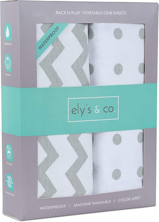 Ely's & Co. Kid's Waterproof Pack n Play Portable Mini Crib Sheet with Mattress Pad Cover Protection, White and Grey Chevron and Polka Dots (2 Pack)