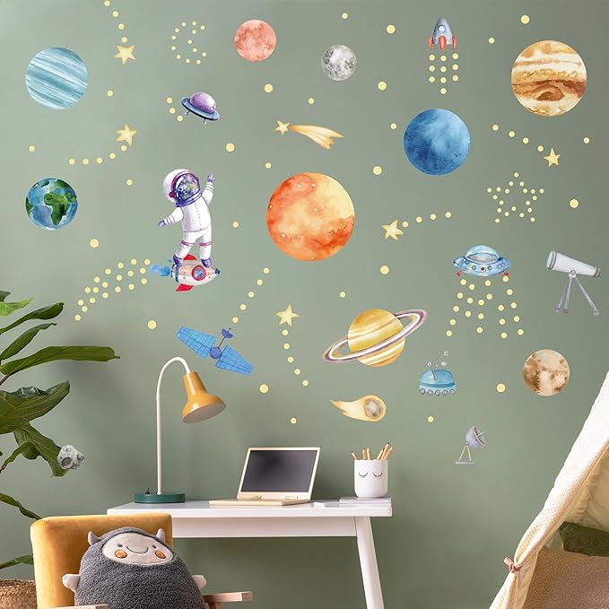 Watercolor Solar System Wall Decals, Glow in The Dark Stars, Kids Planets Sticker for Ceiling, Astronaut Wall Stickers for Bedroom（Blue）