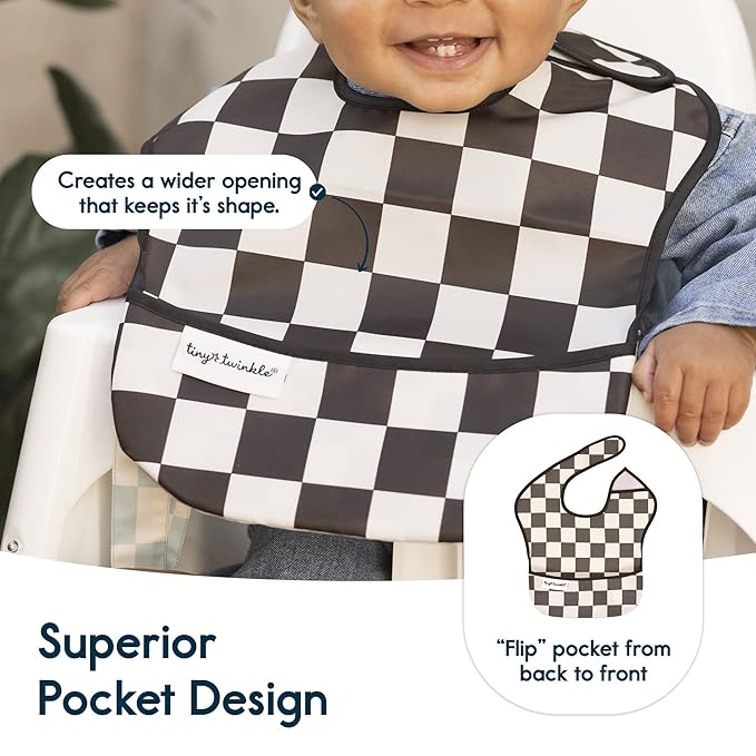 Tiny Twinkle Mess-Proof Baby Bib - Waterproof Bib for Baby Boy or Girl - Machine Washable - Adjustable Closure - PVC, BPA, & Phthalate Free - Great for Travel - Baby Food Bibs (3 Pack, Checkers Boy)