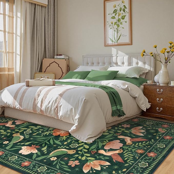 Moynesa Boho Bird 6x9 Area Rugs, Washable Ultra-Thin Dark Green Rugs for Living Room, Soft, Low Pile, Indoor Boho Large Throw Carpet for Bedroom Dining Room Under Table Office Playroom