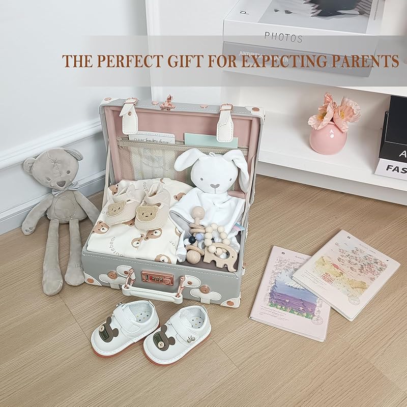 Unitravel Baby Keepsake Case, 13" Handmade Memory Storage Box, Newborn Keepsake Box, Vintage Suitcase for Baby Shower, Baptism, Naming Ceremony or Birthday (grey)
