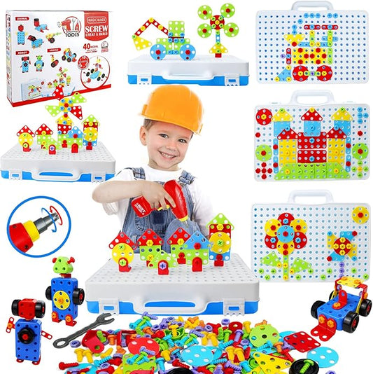 STEM Toys for 3 5 7 Year Old Boys Kids, 232 Pcs Kids Drill Set Building Blocks, DIY Educational Construction Engineering Toys, Creative Mosaic Electric Drill Set Gift for Kid Boys Girls Age 3-8 Years