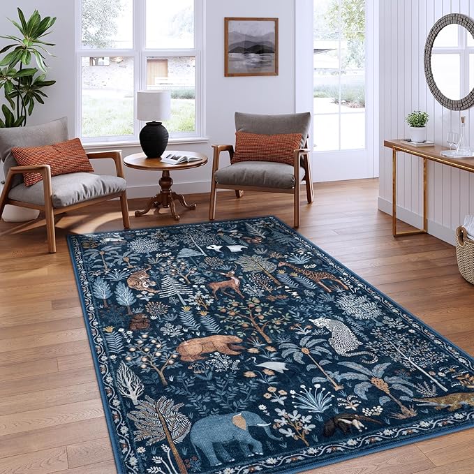 OJIA Jungle Print Blue 5x7 Rugs for Living Room, Soft Ultra-Thin Washable Area Rugs for Bedroom Non-Slip Modern Entryway Rug Non Shedding Indoor Carpet Kids Rugs for Playroom Nursery Classroom