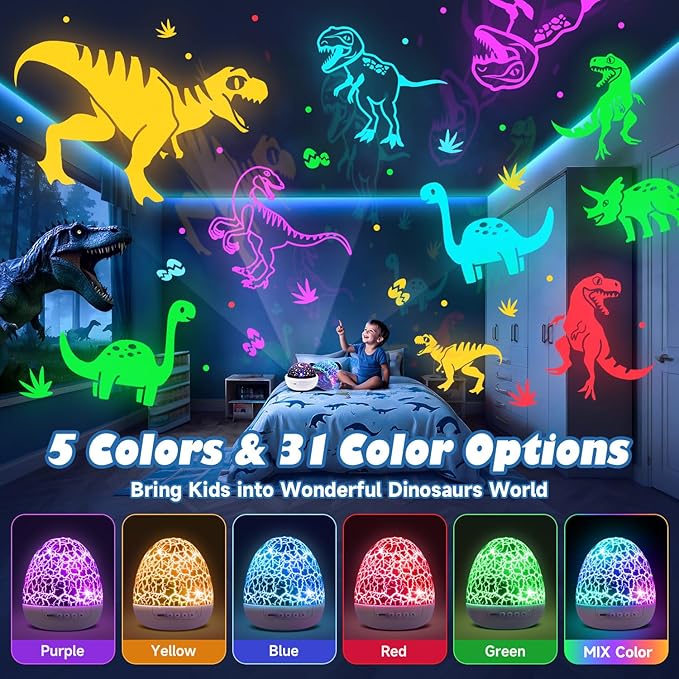 PIKOY Dinosaur Night Light Projector | 15 Sounds & 3D Films | 31Colors & Remote Control | Dinosaur Toys for Kids 3-8, Toddler Toys, Boys Room Decor, STEM Educational Gifts