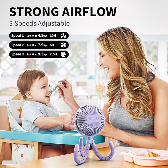 AMACOOL Battery Operated Stroller Fan Flexible Tripod Clip On Fan with 3 Speeds and Rotatable Handheld Personal Fans for Car Seat Crib Bike Treadmill (Purple)