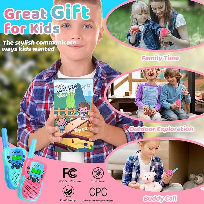Vvinca Rechargeable Walkie Talkies for Kids, Long Range 22 Channels 2 Way Kids Walkie Talkie with Flashlight for Camping Hiking Indoor Outdoor Toy 3 4 5 6-12 Boy Girl Christmas Birthday Gifts 2 Packs