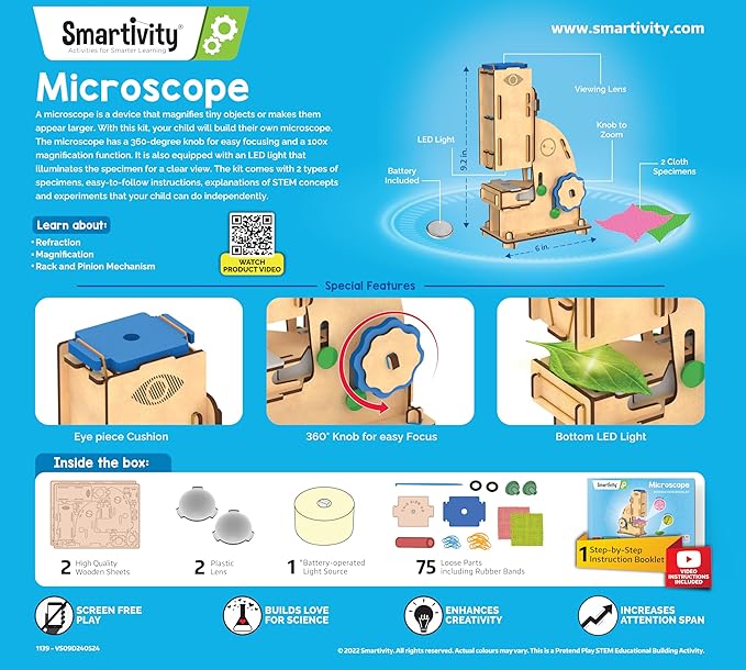 Smartivity Microscope 100x Zoom STEM Toy for Kids Age 8 to 14 Years Old | Cool Birthday Gifts Ideas for Boys & Girls | DIY Science Toys for 8,9,10,11,12,13,14 Years I Wooden Engineering Game