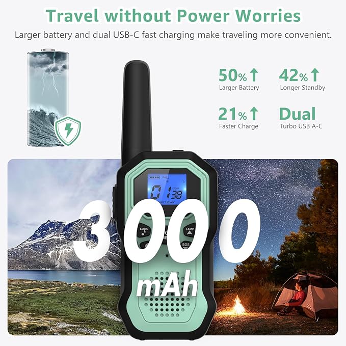 Walkie Talkies for Adults Long Range 2 Way Radios for Kids Rechargeable 4 Pack, Hiking Camping Skiing Cruising Gear with Lamp, USB-C, SOS Siren, NOAA Alert, iVOX Hands-Free, One-Touch Pairing