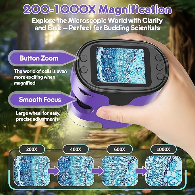 1000X Handheld Microscope for Kids 4K 2.0" Screen Rechargeable Mini Pocket Digital Microscopes w/Slides Kit Portable Edu Gift Age 4-6 8-12 Children Students (Purple)