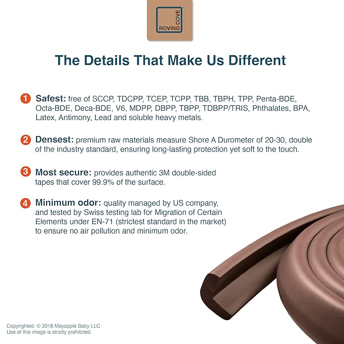 Roving Cove HeftyFit Edge Protector for Baby Proofing (12ft Large Edge Only), Heavy-Duty Soft Rubber Foam Furniture Edge Bumper Guard, Desk Edge Cushion, Wall Corner Covers, 3M Adhesive, Coffee Brown