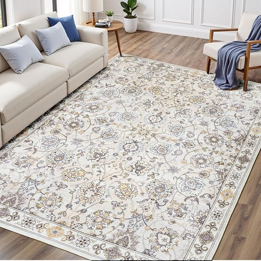 6x9 Area Rug for Living Room & Bedroom, Washable Non-Slip Vintage Rugs, Neutral Floral Soft Carpet, Low Pile Wool Carpets for Indoor Dining Home Office Playroom Under Table, Beige