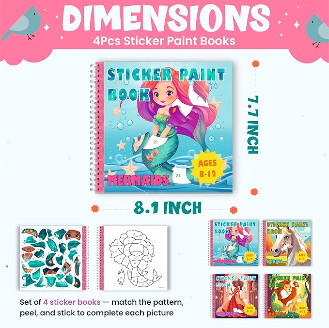 BulbaCraft 4Pcs Sticker Paint Books for Girls - Sticker Books by Number with Mermaids, Princesses, Animals and Horses - Coloring Activity for Kids