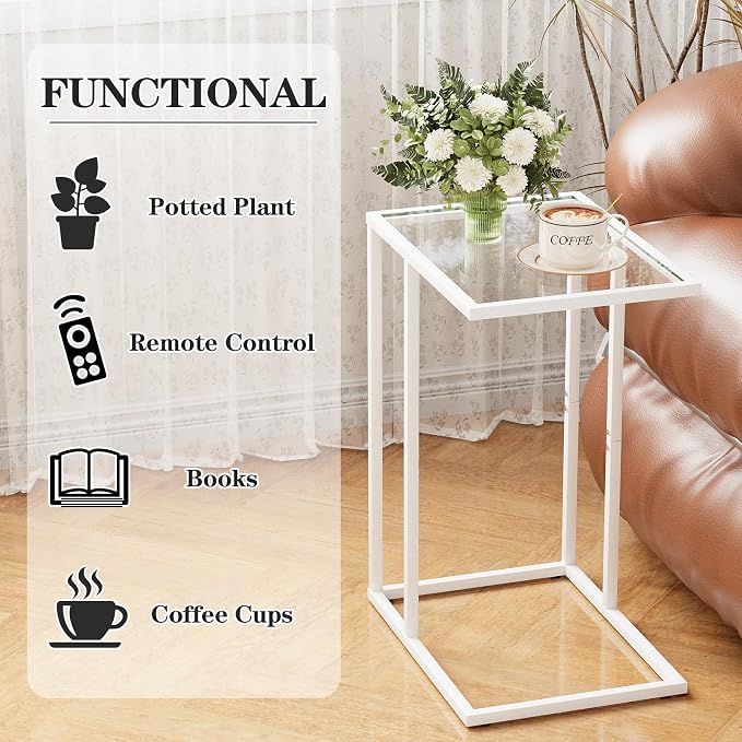 Easy Paws Small C Shaped End Table Set of 2, Glass Couch Side Snack Table - Image 4