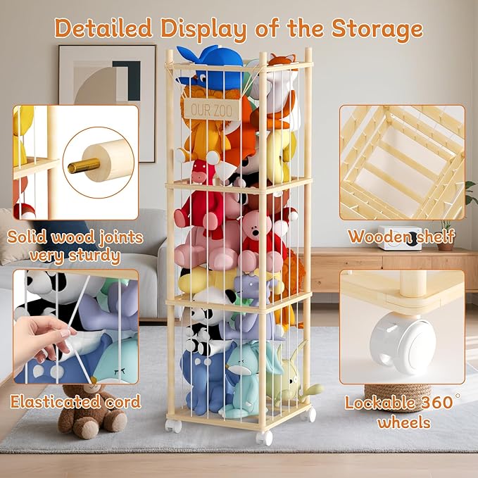 Stuffed Animal Toy Storage, 53 Inch Tall Wooden Toy Storage Rack Space-Saving Plushie Toy Organizers and Storage on Playhouse,Playroom,Bedroom -No Tools Easy Assembly