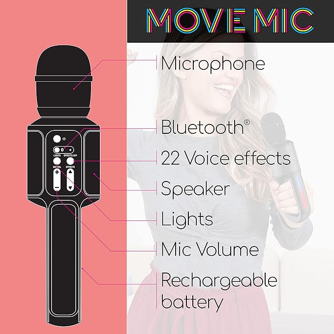 Move Mic by Singing Machine – Bluetooth Karaoke Microphone & Speaker with LED Lights, 22 Voice FX & Rechargeable Battery – Portable Mic for Dorm Parties, Family Fun, Kids, and Teens