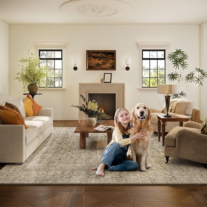 Machine Washable Rugs for Living Room: 10x14 Area Rugs for Bedroom Vintage Stain Resistant Non Slip Low Pile Lightweight Boho Carpet for Kitchen Dining Room Farmhouse Kids Room Nursery