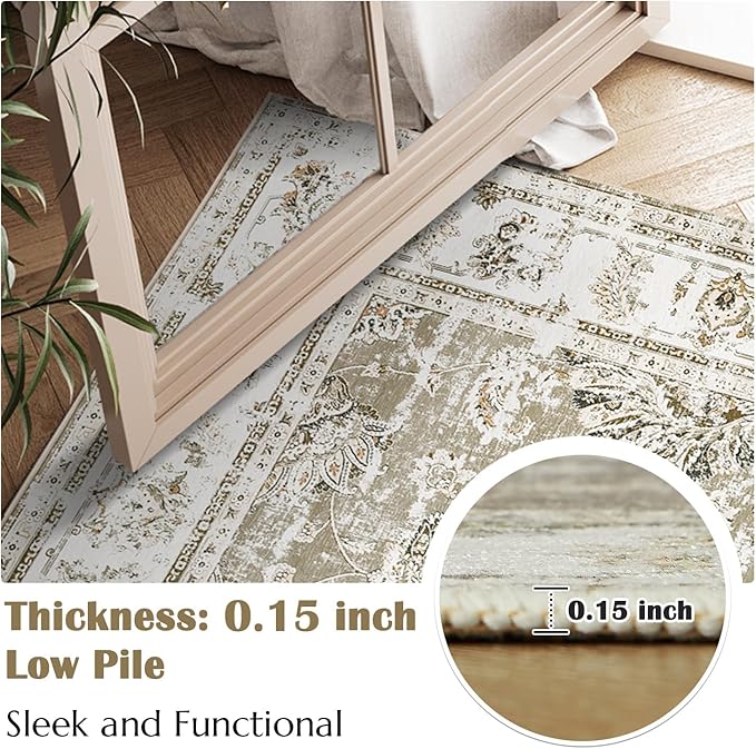 jinchan Runner Rug 3x10-2pcs Kitchen Washable Vintage Hallway Rug Floral Print Floor Cover Indoor Thin Retro Mat Accent for Bathroom Laundry Room Bedroom Office Farmhouse (Double,Taupe)