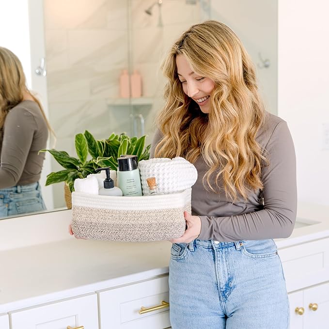 NaturalCozy 11.8"x8"x4.5” Storage Baskets for Shelves 3 Pack | Cotton Rope Woven Small Baskets for Organizing | Small Storage Bins for Nursery, Bathroom, Closet, Cube Shelf, Decorative, Gift Basket