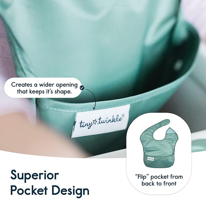 Tiny Twinkle Mess Proof Baby Bibs for Eating - Waterproof, Wipeable Bibs - Toddler Bibs - Travel Friendly - PFAS, PVC, BPA, Phthalate Free - Baby Food Bibs(3 Pack,Olive. Slate)