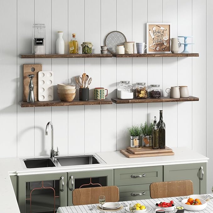 Rustic Elm Wood Floating Shelf for Wall, Live Edge 48"W x 9.2"D x 1.4"H, 1 Pack with Invisible Bracket, Large Wall Mounted Storage Shelf for Living Room Bedroom Kitchen Bathroom Decor, Walnut Finish