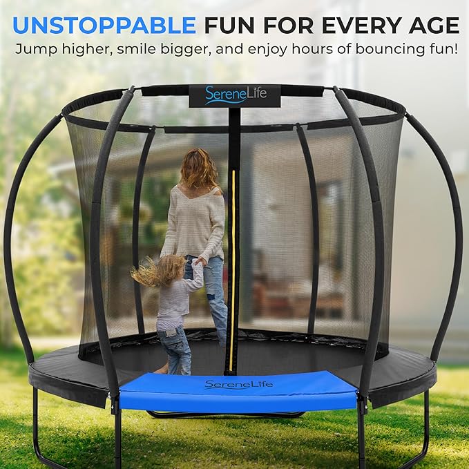 SereneLife 8FT 10FT 12FT 14FT Outdoor Trampoline for Kids - Recreational Backyard Trampoline with Curved Safety Poles and Net Enclosure- ASTM Approval for Kids Adults