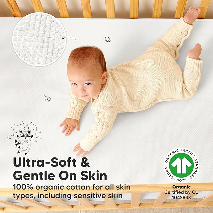 Waterproof Crib Mattress Protector Cover Fitted - 2-Pack Quiet Baby Crib Mattress Pad Sheets, 52" x 28" Soft Quilted Cotton Baby Sheet, Machine Washable, Easy Fit, Durable (Soft White/Quin)