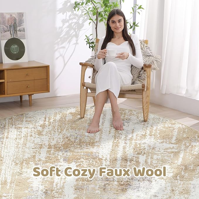 Round Rug Living Room Rugs: 8Ft Washable Circle Large Abstract Modern Soft Stain Resistant Non Slip Indoor Floor Carpet for Bedroom Nursery Office Dining Room Dorm Home House Decor- Gray Gold