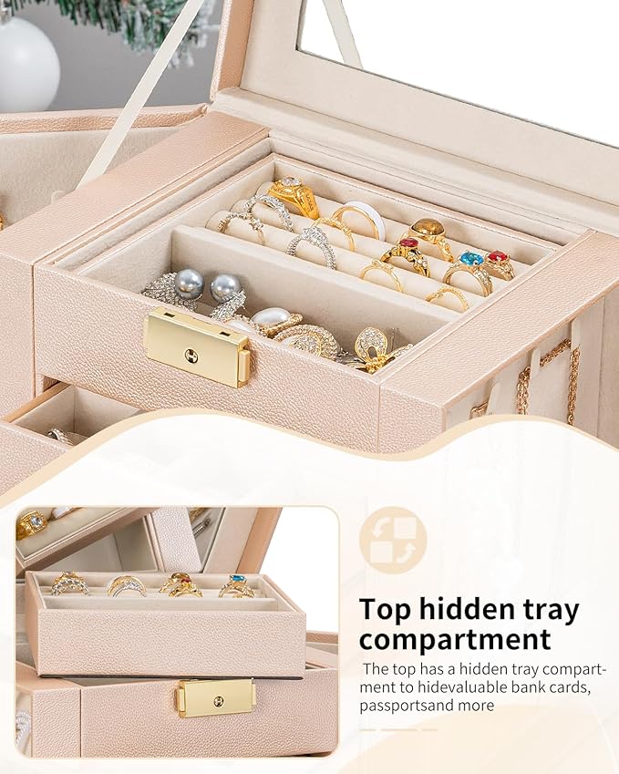 AKOZLIN 5-Tier Jewelry Box Leather Jewelry Storage Organizer with 4 Drawers Lockable for Women Girls Ring Necklace Earring Bracelet Watches Holder with Mirror Champagne