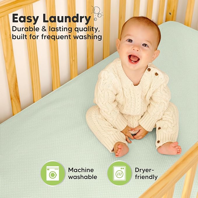 Waterproof Crib Mattress Protector Cover Fitted - 2-Pack Quiet Baby Crib Mattress Pad Sheets, 52" x 28" Soft Quilted Cotton Baby Sheet, Machine Washable, Easy Fit, Durable (Aloe/Quin)