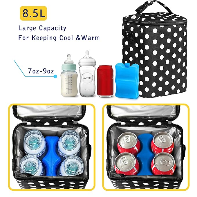 Breastmilk Cooler Bag with Ice Pack Fits 4 Baby Bottles Up to 9 Ounce Insulated Baby Bottle Bag Breast Milk Cooler on The Go with Strap Baby Bottle Cooler Bag for Nursing Mom Daycare or Travel