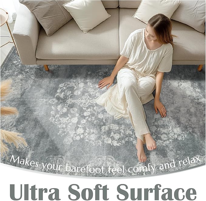 jinchan Vintage Floral 4x6 Area Rugs - Machine Washable Distressed Design Soft Ultra-Thin Low-Pile Non-Slip Carpet for Entryway Kitchen Bedroom Nursery Living Room Dining Room (4x6ft,Grey)