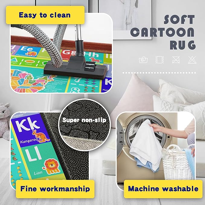ABC Rug for Kids Playroom, 3x4 Washable Classroom Area Rugs, Educational Learning Mat with Alphabet Numbers Animals Seasons Shapes for Classroom Preschool Playroom