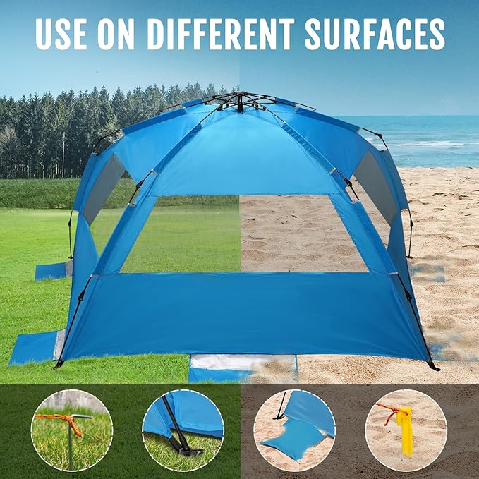 WhiteFang Deluxe Pop Up Beach Tent Sun Shade Shelter for 3-4/5-6 Person, UV Protection, Extendable Floor with 3 Ventilating Windows Plus Carrying Bag, Stakes, and Guy Lines