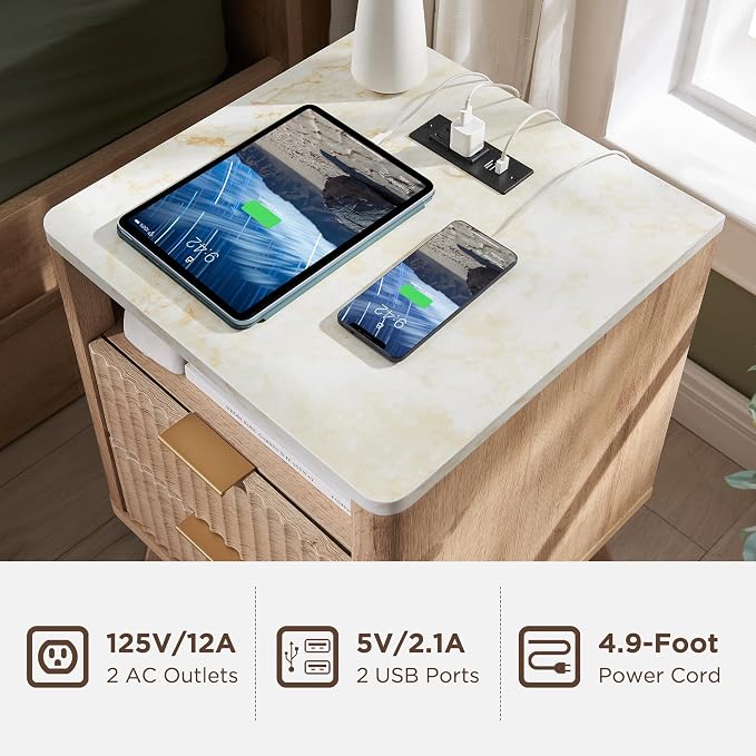 T4TREAM Fluted Nightstand with Charging Station, 2 Drawers End Table w/Storage - Image 4