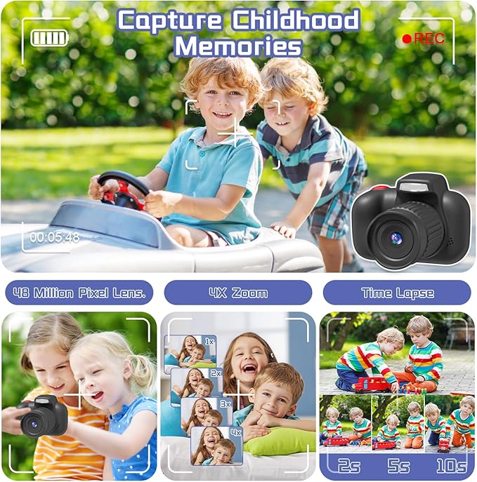 Temodu Kids Camera, Best Birthday Festival Toys Gifts for Girls Boys Age 3 4 5 6 7 8 9 10 11 12 Year Old, Digital Camera for Kids with Video, Toy Camera Toddler Camera for Girls with 32GB Card - Black