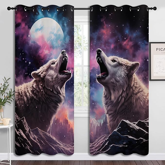 Wolf Blackout Curtains for Boys Girl Bedroom Decor,Fantasy Starry Sky Galaxy Forest Wildlife Thermal Insulated Grommet Drapes Darkening Window Curtain for Living Room Home 72x63 inch