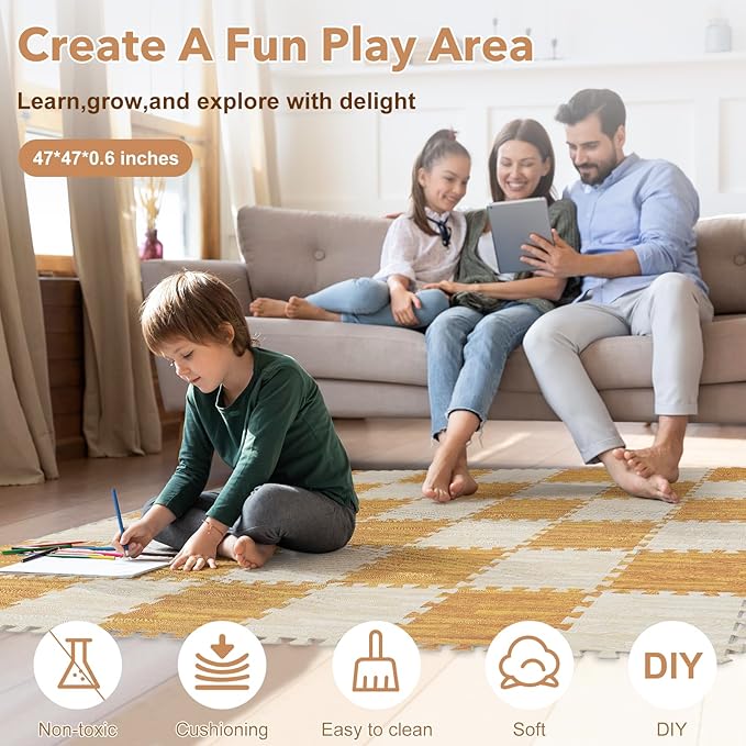 Skyweaver 36 Tiles Soft Non-Toxic Baby Play Mat for Floor EVA Foam Jigsaw Puzzle Play Mat, Interlocking Squares with 0.6inch for Babies, Toddlers & Kids Gym, Nursery, Playroom, Light Brown
