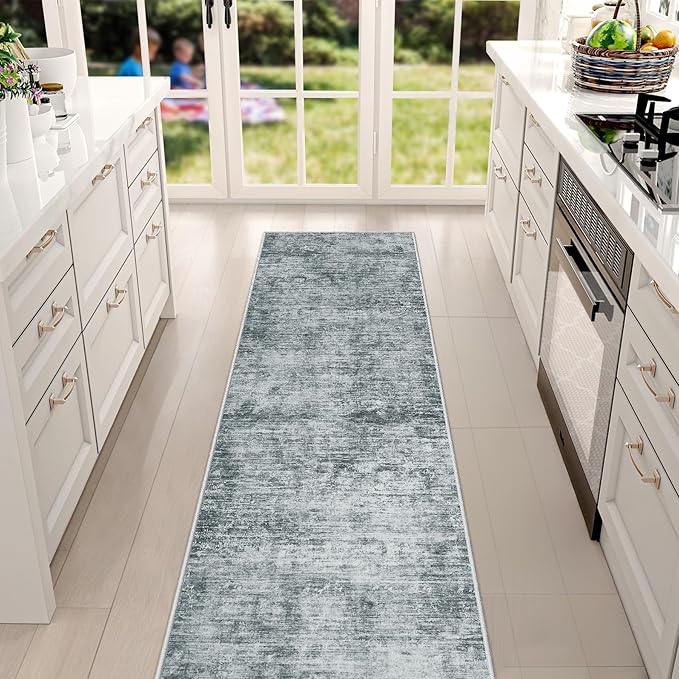 Runner Rug 2'6''x8' Washable: Modern Abstract Kitchen Rug With Non-Slip Backing, Thin Long Carpet for Hallway, Bedroom, Laundry Room-Black