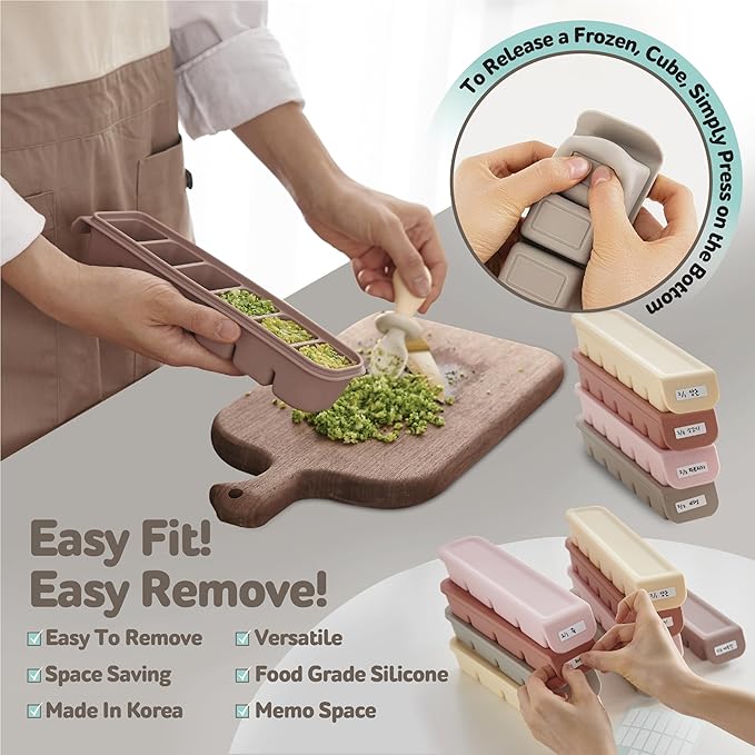 6 Section-1oz, Gray 100% Food Grade Silicone Ice Cube Tray Food Container with Airtight Locking Lid, Fruit Vegetable Purees, Breastmilk Storage for Baby & Toddler Food | BPA Free Korea Made