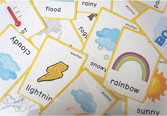 22 Weather Flash Cards(pre k flashcards) - Classroom Decorations and Early Learning Kindergarten Teacher Tools - Flash Cards Hole Punched - with 1 Ring -So You Can Sort and Organize The Cards Easily